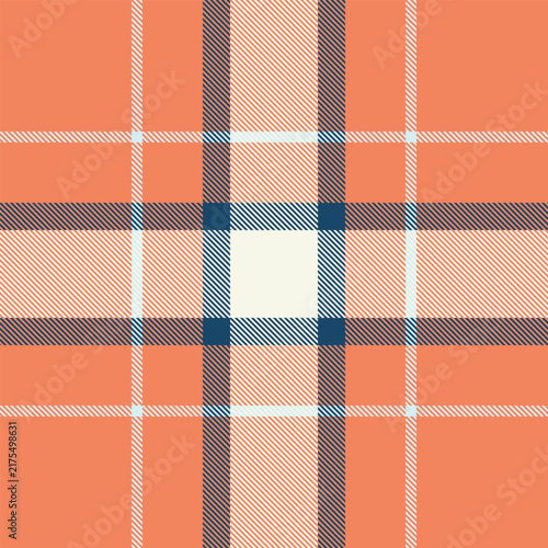 A vibrant tartan plaid pattern featuring bold orange and dark blue intersecting lines. This geometric, minimalist seamless texture conveys modern comfort, perfect for textiles. Nobody, no people.