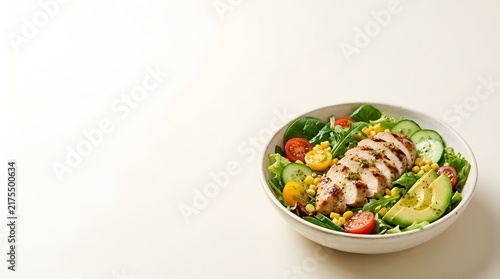 Fresh grilled chicken salad bowl with avocado and vegetables on a light background