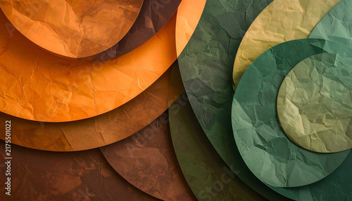 Textured abstract background composed of overlapping paper-like circles in warm earthy tones and cool greens, creating depth and a layered effect