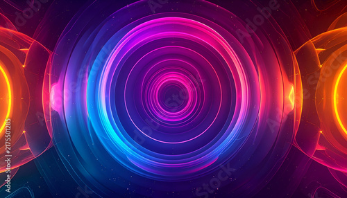 Symmetrical abstract digital art features concentric circles emitting colorful glowing light, with subtle fluid patterns