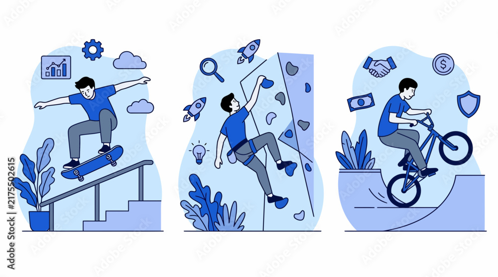 Naklejka premium Active men skateboarding climbing and riding bmx bikes in extreme urban sports activities flat vector illustration