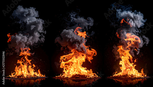 Three fire displays with intense flames at the bottom, transitioning into smoke at the top, against a deep black background