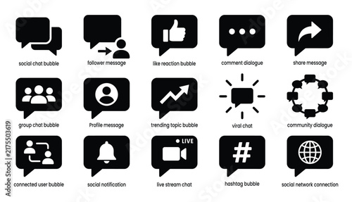 A comprehensive set of social media communication icons created by a professional vector illustrator for digital interface design