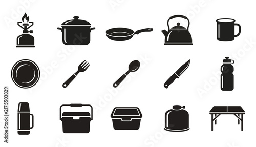 Set of camping and outdoor cooking equipment icons created by a professional vector illustrator for your design projects