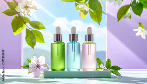 Three colorful serum bottles with droppers sit on a green platform, framed by flowers and greenery, against a bright, cloudy sky