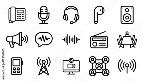 Set of communication and audio technology icons created by a professional vector illustrator for modern digital interface design
