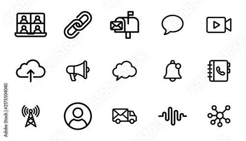 A collection of hand drawn communication icons created by a professional vector illustrator for modern digital interface design