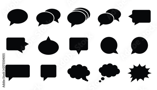 A collection of black speech bubble icons created by a professional vector illustrator for modern digital communication designs
