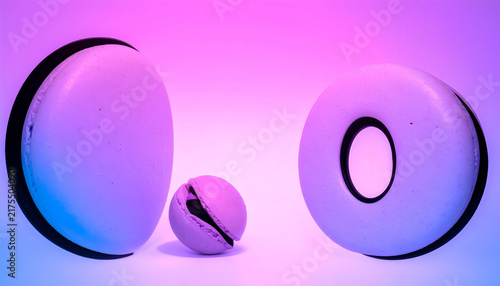 Three colorful pastries in a vibrant pink and blue hue are arranged on a white backdrop, one sliced open to reveal its filling