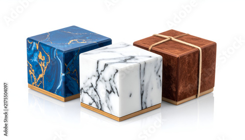 Three decorative cubic objects, each with unique textures and colors, stand against a pristine white background. The cubes exhibit gold accents