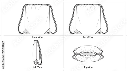 Drawstring Backpack Technical Flat Sketch Vector Template with Front Back Side and Top Views