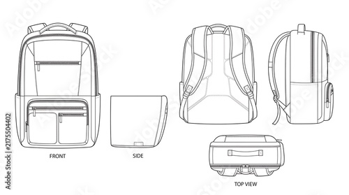 Technical drawing of modern backpack design with multiple view angles vector template