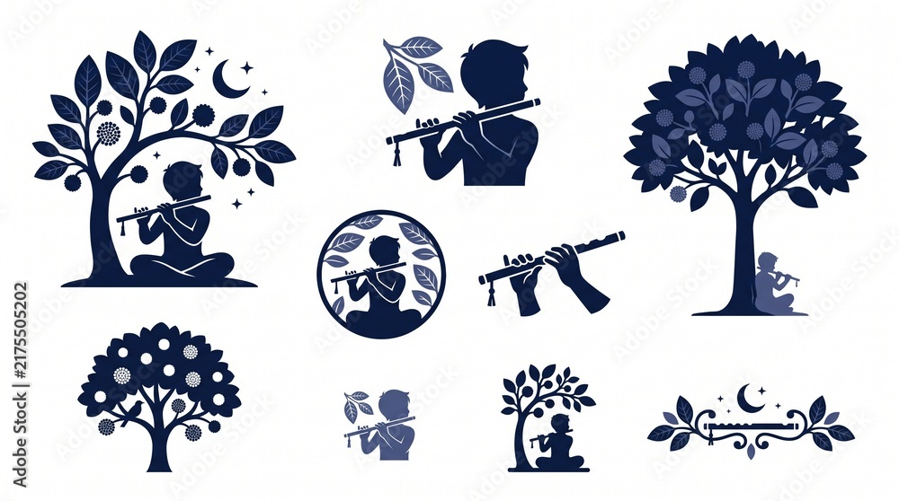 Fototapeta premium Boy playing flute silhouette icons set with trees and nature elements for graphic design