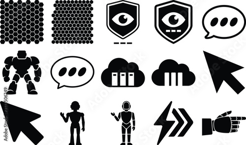 Collection of black silhouette icons depicting security communication and technology concepts on a white background cybersecurity protection messaging robotics