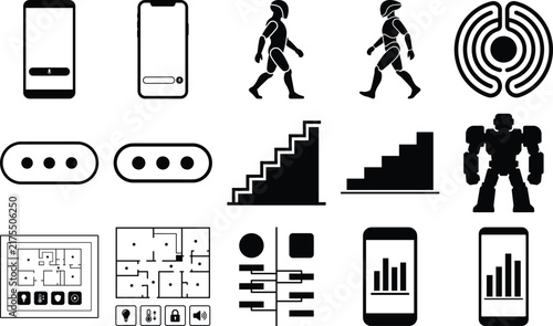 A collection of black silhouette icons depicts mobile devices people stairs and security systems digital device smartphone steps automation