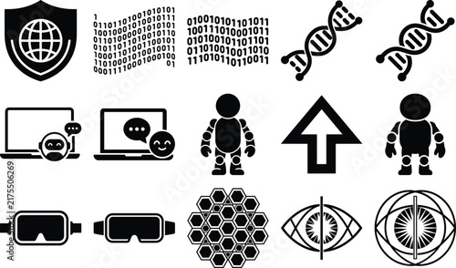 A collection of black vector illustrations depicts digital security data and biometric identification concepts on a white background authentication