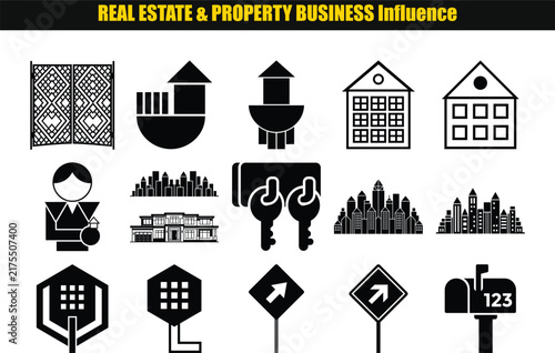 A collection of black real estate icons depicts houses keys and building silhouettes on a white background architecture buildings