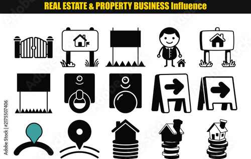 A collection of black flat icons representing real estate property and business concepts on a white background realestate housing