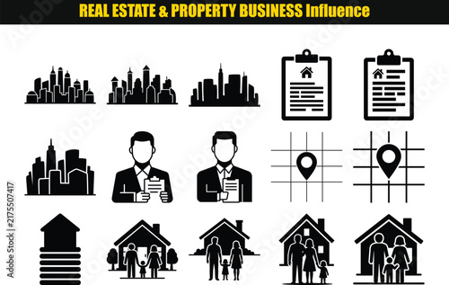 A collection of black real estate icons depicts city skylines houses people and location markers architecture buildings cityscape dwelling