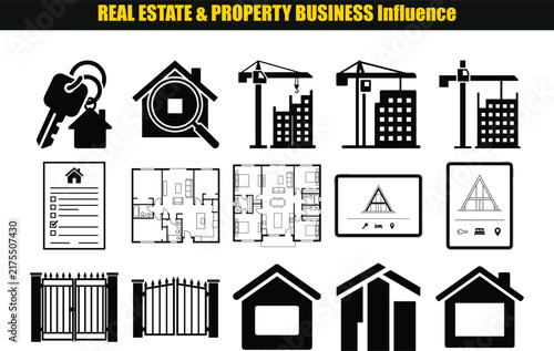 Real estate icons depicting keys house plans construction cranes and building facades in a black silhouette style architecture blueprint