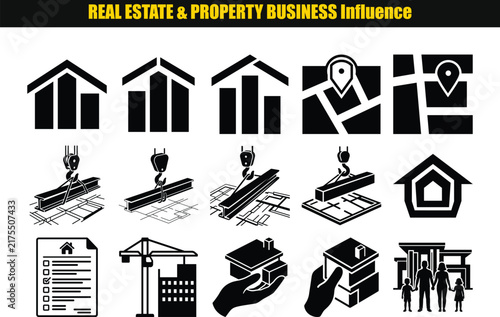 Real estate icons depict house shapes construction and property ownership in a black silhouette style architecture building blueprint contract