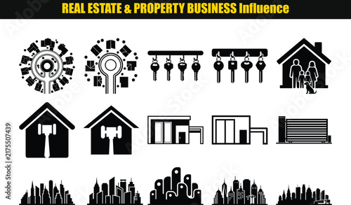 A collection of black flat icons depicts real estate concepts like keys houses and city skylines architecture building cityscape