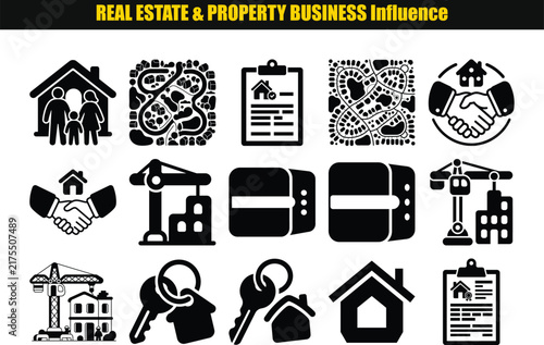 Real estate icons depicting housing finance and construction are presented in a flat black silhouette style realestate property architecture
