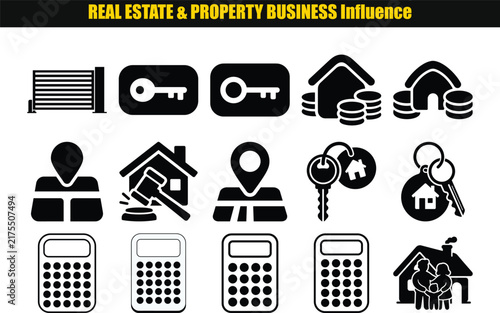 Real estate icons depicting keys houses people and calculators are presented in a flat black silhouette style realestate property