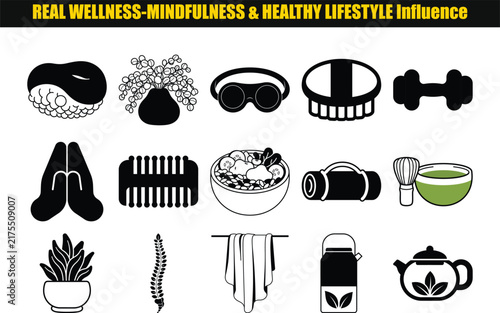 Collection of black silhouette icons representing wellness mindfulness and healthy lifestyle elements on a white background icon isolated graphic
