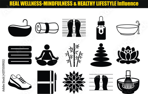 A collection of black silhouette icons depicts wellness themes like bathing meditation and natural elements relaxation mindfulness yoga lotus