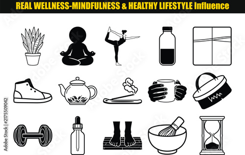 A collection of black silhouette icons represents wellness mindfulness and elements of a healthy lifestyle icon pictogram exercise yoga