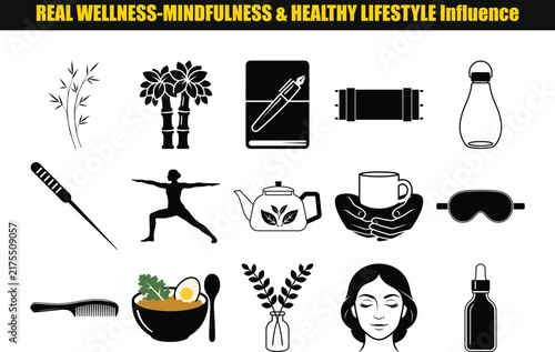 Collection of wellness and lifestyle silhouettes depicts items like bamboo tea and a meditating person mindfulness silhouette black white