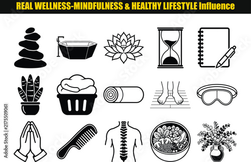 Collection of black vector illustrations depicting wellness concepts like meditation relaxation and healthy living mindfulness health lifestyle balance zen