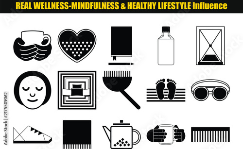 Collection of black flat icons representing wellness mindfulness and healthy lifestyle concepts on a white background icon pictogram silhouette