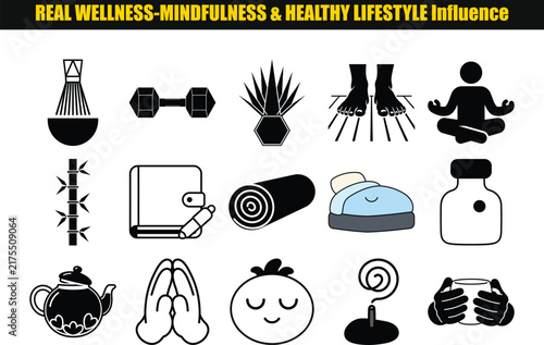 Collection of flat wellness icons depicts meditation exercise relaxation and healthy living concepts mindfulness health lifestyle yoga tea dumbbell