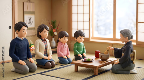 Plakat 和室でおばあちゃんが点てるお茶を正座して見守る4人家族の3Dイラスト 