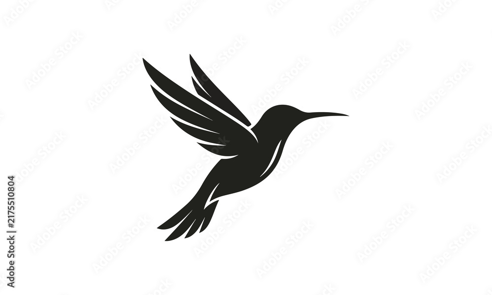 Obraz premium Black hummingbird silhouette flying isolated on white background. Minimalist bird icon with spread wings for nature design.