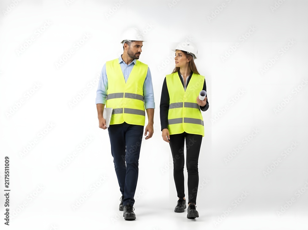 Obraz premium Engineer duo walking side by side in safety gear on white background