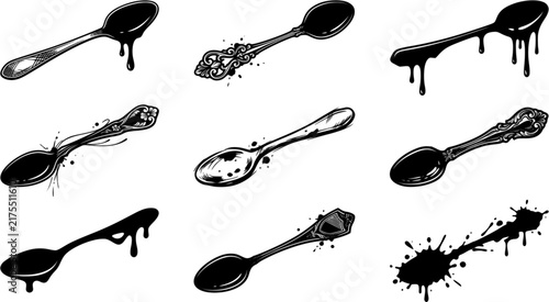Antique engraved illustration from spoon with liquid drip ink sketch
