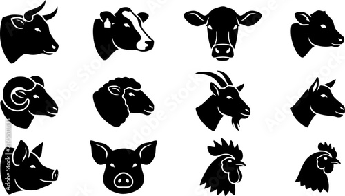 domestic cattle head drawing. sheep chicken pig cow goat engraving black and white monochrome, stroke sketch pencil ink agriculture farm animal husbandry vector illustration See Less