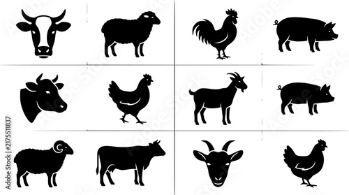 domestic cattle head drawing. sheep chicken pig cow goat engraving black and white monochrome, stroke sketch pencil ink agriculture farm animal husbandry vector illustration See Less