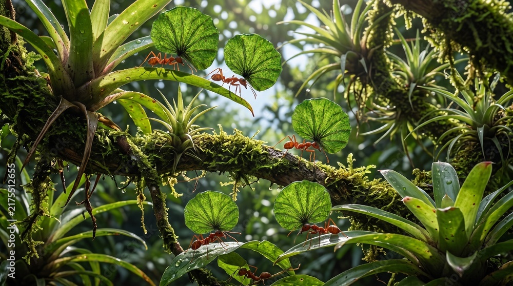 Obraz premium leaf cutter ants carrying green leaves 