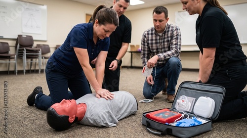 Obraz na płótnie CPR training class with instructor demonstrating chest compressions on a dummy