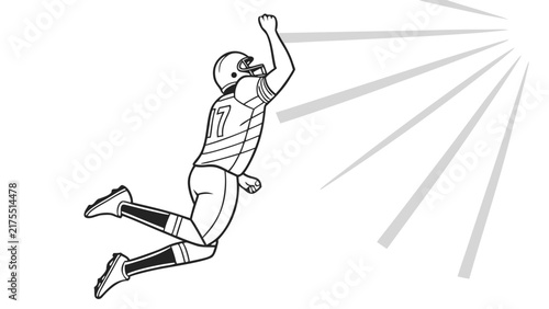 American Football Player Jumping Upward in Action Outline Vector Illustration for Sport Design
