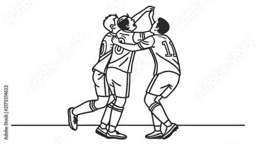 Soccer Team Celebrating Victory with Joyful Hugs in Minimalist Line Art Illustration Style