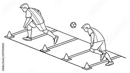 Young Soccer Players Training Agility Drills with Cones and Ball in Isometric Line Art Vector Style