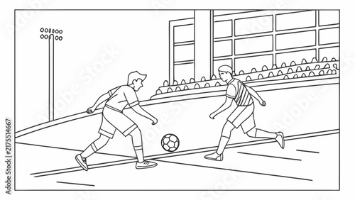 Kids Playing Soccer Coloring Page Line Art Illustration for Children Activity Book Design