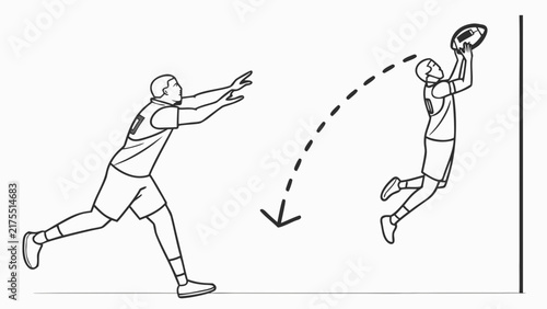 American Football Player Catching Ball in Play with Dotted Arc Line Showing Movement and Pass Strategy Diagram