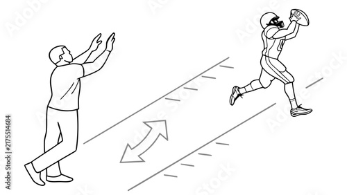 American Football Player Catching Ball and Coach Signaling in Line Diagram Style Illustration