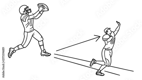 American Football Players Throwing and Catching Ball Line Drawing Illustration for Sports Concept Design